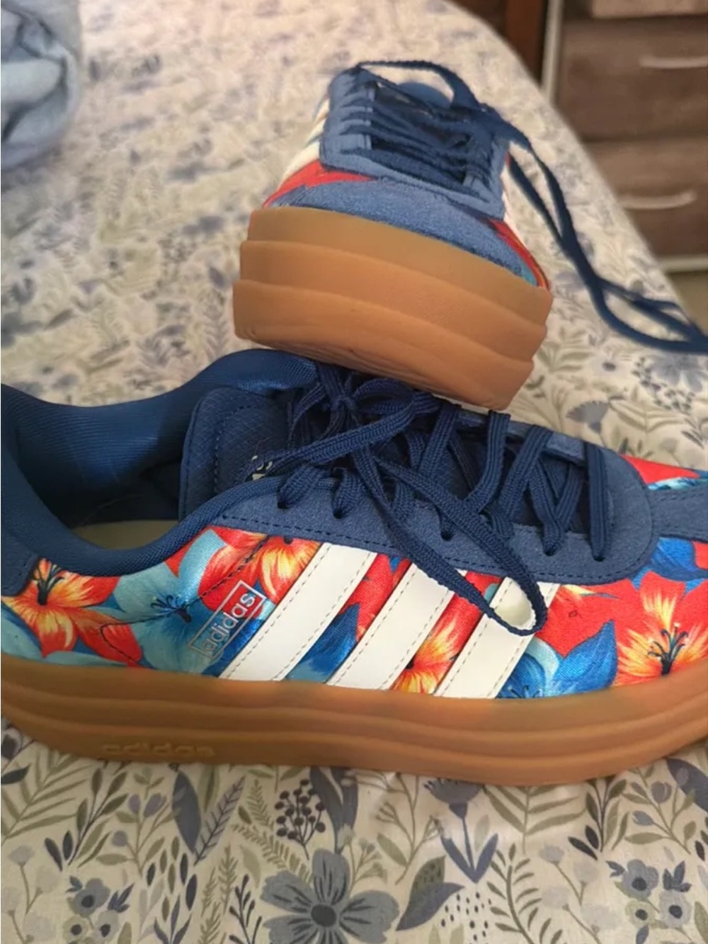 Adidas womens platform blue Floral Sneakers with Gum Sole